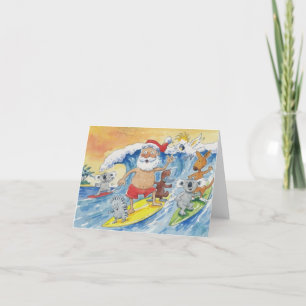 Santa surfing with his animal Friends Holiday Card