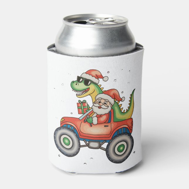 Santa T Rex Dinosaur Monster Truck Christmas Xmas Can Cooler (Can Front)