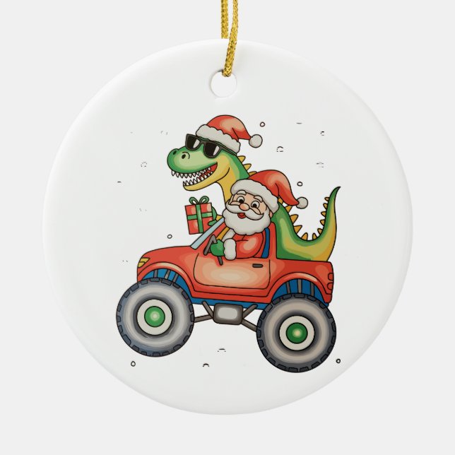Santa T Rex Dinosaur Monster Truck Christmas Xmas Ceramic Ornament (Front)