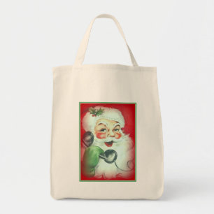 Santa Talking on Telephone Canvas Christmas Tote