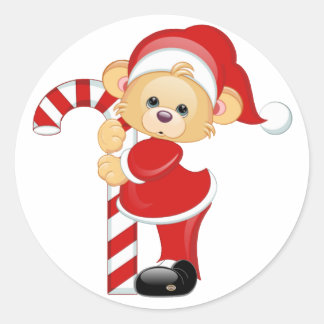 Santa Teddy Bear and Candycane Classic Round Sticker