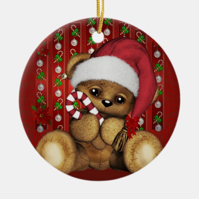 Santa Teddy Bear with Candy Cane Ceramic Ornament (Front)
