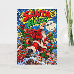 Santa & The Elves Superhero Christmas Card Retro