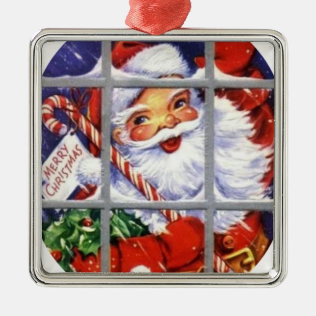 Santa Through the Window Panes Metal Ornament (Front)