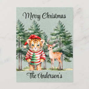 Santa Tiger and a Deer Pine Tree Christmas Postcard