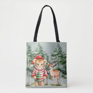 Santa Tiger and a Deer Pine Tree Christmas  Tote Bag
