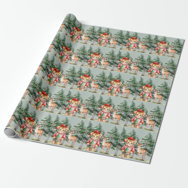 Santa Tiger and a Deer Pine Tree Christmas  Wrapping Paper (Unrolled)