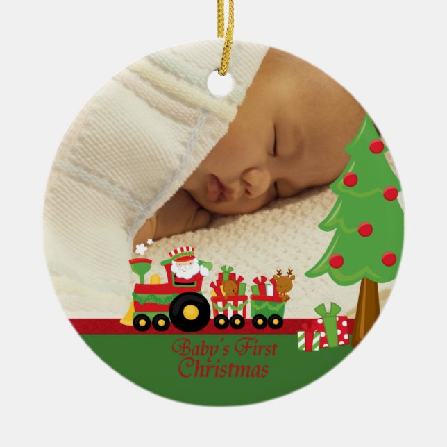 Santa train baby's first christmas photo ornament (Front)