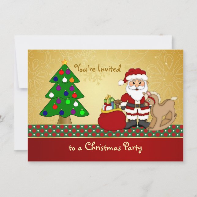 Santa, tree, presents Kids Christmas Party Invitation (Front)
