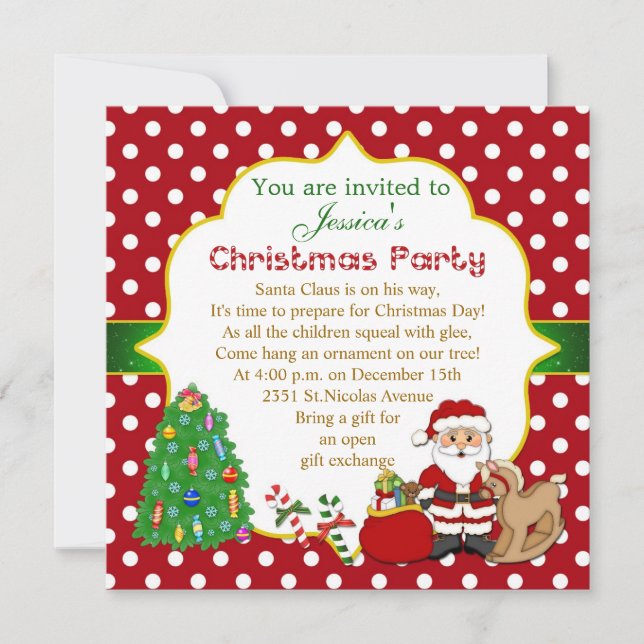 Santa, tree, rocking horse kids Christmas Party Invitation (Front)