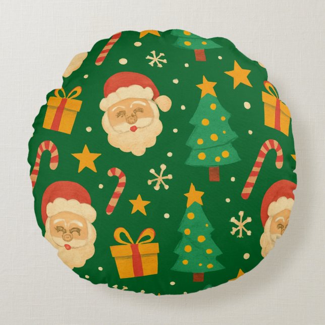 Santa, Trees & Cheer pattern Round Cushion (Front)