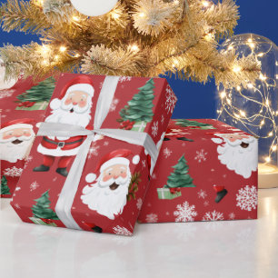 Santa Trees Snowflakes Red Christmas Wrapping Paper