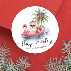 Santa Tropical Beach Happy Holidays Christmas Classic Round Sticker