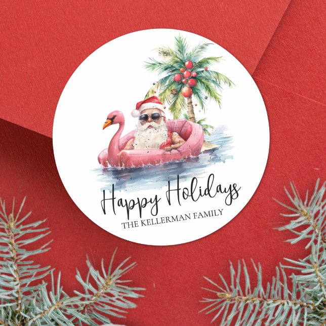 Santa Tropical Beach Happy Holidays Christmas Classic Round Sticker (Santa Tropical Beach Happy Holidays Christmas Classic Round Sticker)