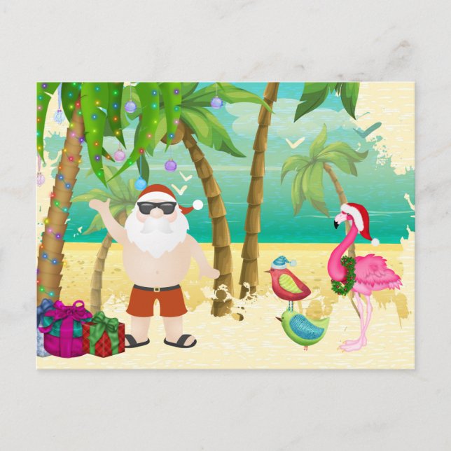 Santa, Tropical Birds, Palm Trees Beach Christmas Holiday Postcard (Front)