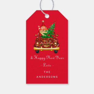 Santa Truck Gold Merry Christmas Tree Red Gift Tags