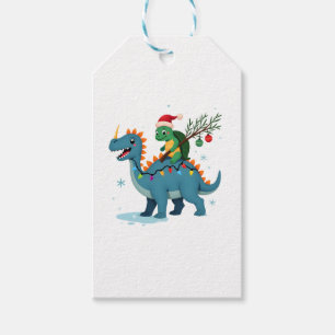 Santa Turtle Riding T-Rex Reindeer Christmas Light Gift Tags
