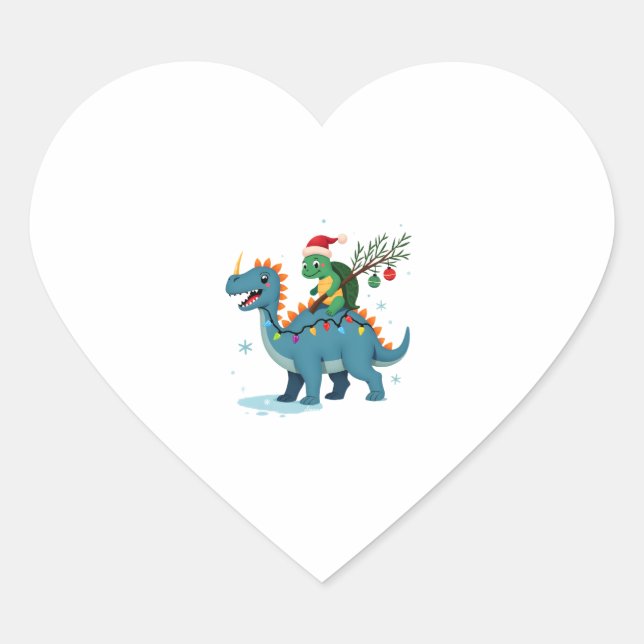 Santa Turtle Riding T-Rex Reindeer Christmas Light Heart Sticker (Front)