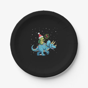 Santa Turtle Riding T-Rex Reindeer Christmas Light Paper Plate