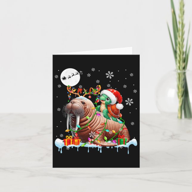 Santa Turtle Riding Walrus Reindeer Christmas Sea  Card (Front)