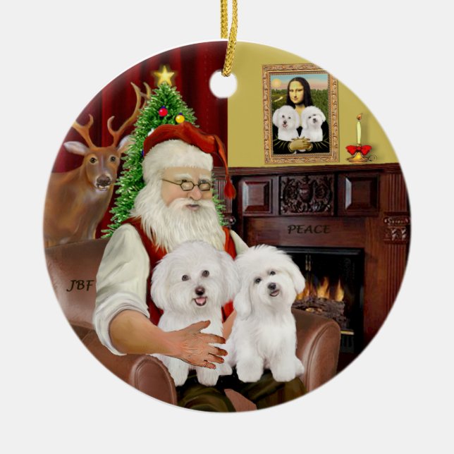 Santa - Two Bichon Frise Ceramic Ornament (Front)