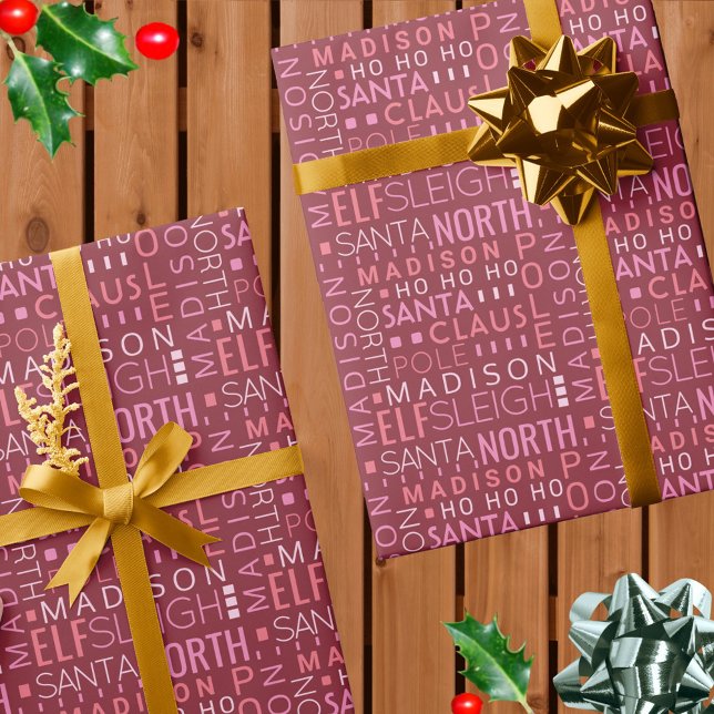 Santa Typography Burgundy Red Cute Add Childs Name Wrapping Paper (Burgundy red and pinks set the tone for this custom Santa word art Christmas wrapping paper)
