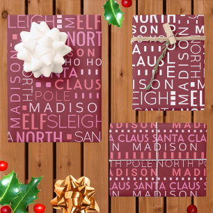 Santa Typography Burgundy Red Kids Name Christmas Wrapping Paper Sheet
