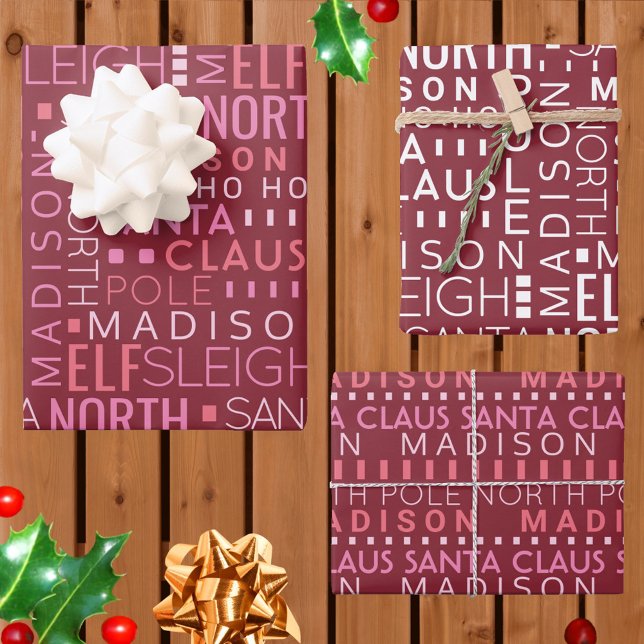 Santa Typography Burgundy Red Kids Name Christmas Wrapping Paper Sheet (Each sheet can be edited separately so you can add one, two or three names to this custom gift wrap )