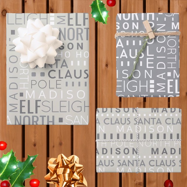Santa Typography Chic Grey Kids Name Christmas Wrapping Paper Sheet (Add your child's name to this chic gray Santa typography personalized Christmas wrapping paper)
