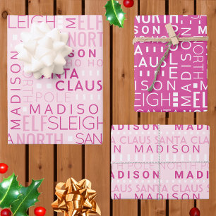 Santa Typography Chic Pink Kids Name Christmas Wrapping Paper Sheet