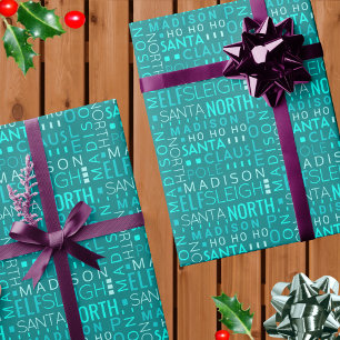 Santa Typography Teal Blue Cute Add Childs Name Wrapping Paper