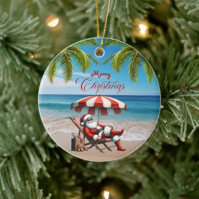 Santa under a Beach Umbrella Christmas Ceramic Ornament (Tree)