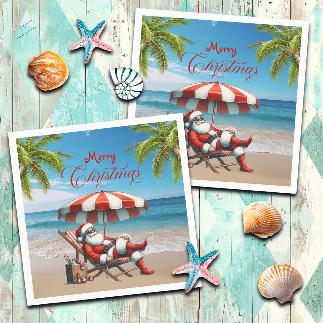 Santa under a Beach Umbrella Christmas Napkin (Creator Uploaded)