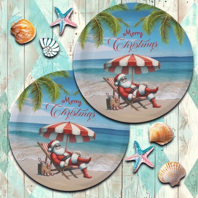 Santa under a Beach Umbrella Christmas Paper Plate (Creator Uploaded)