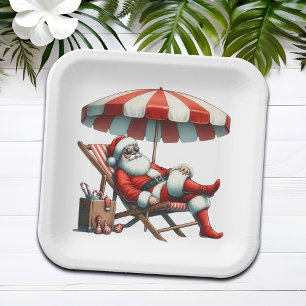 Santa under a Beach Umbrella Christmas Paper Plate