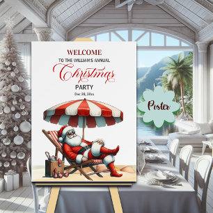 Santa under Beach Umbrella Christmas Party Welcome Poster