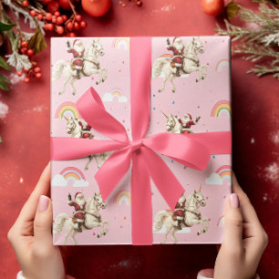 Santa & Unicorn Christmas Holiday Pink Rainbows Wrapping Paper