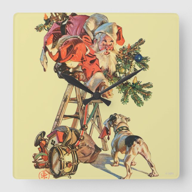 Santa Up a Ladder Square Wall Clock (Front)