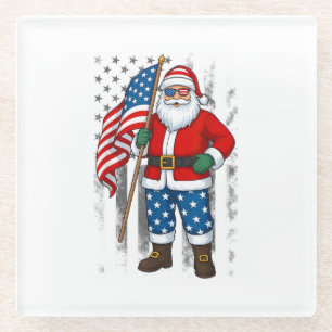 Santa USA American Flag Christmas In July Happy 4t Glass Coaster
