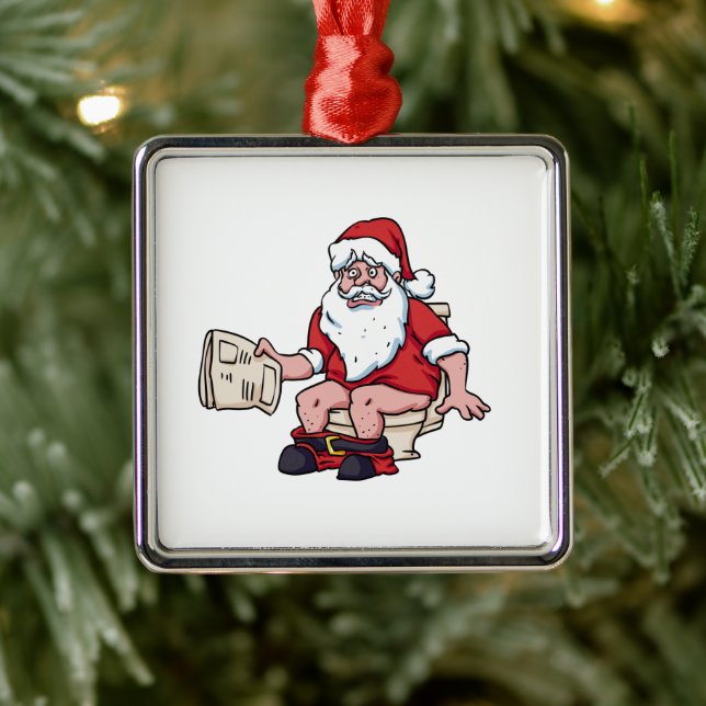 Santa Using Toilet Metal Ornament (Tree)