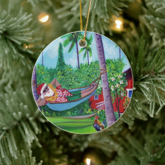 Santa Vacation in Kauai Mele Kalikimaka Christmas Ceramic Ornament (Tree)