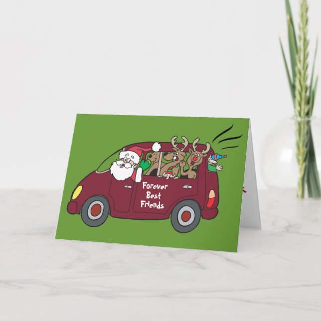 Santa Van with Reindeer Best Friends or YOUR TEXT Holiday Card (Front)