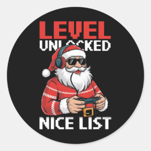 Santa Video Game Level Unlocked Nice List Gamer Ga Classic Round Sticker