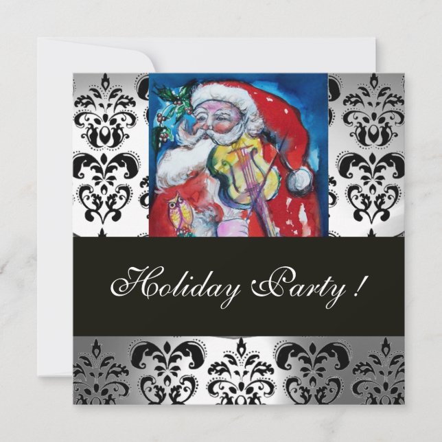 SANTA  & VIOLIN ,RED BLACK WHITE DAMASK MONOGRAM INVITATION (Front)