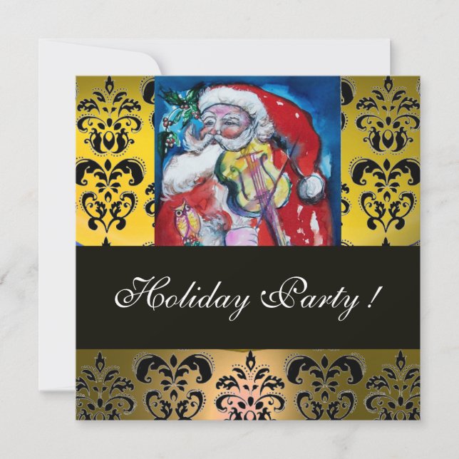 SANTA & VIOLIN YELLOW BLACK DAMASK MONOGRAM Ruby Invitation (Front)