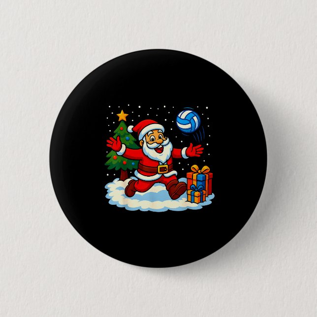 Santa Volleyball Playing Srt Christmas Tree Xmas P 6 Cm Round Badge (Front)