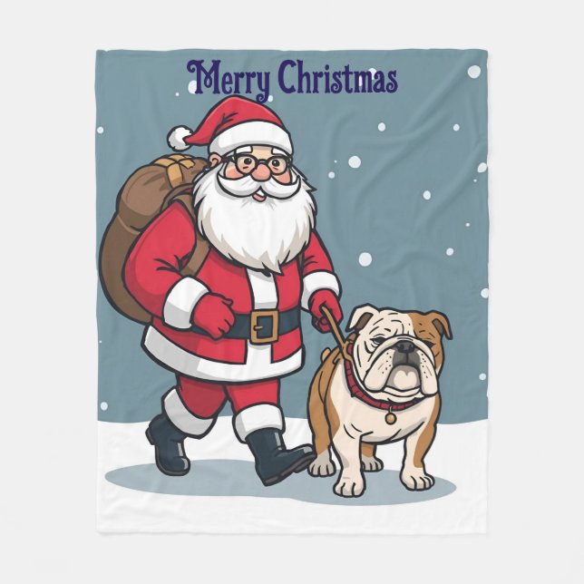 Santa walking a bulldog Christmas Fleece Blanket (Front)