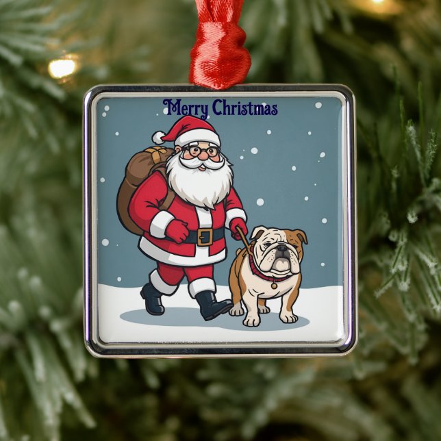 Santa walking a bulldog Christmas holiday Ornament (Tree)