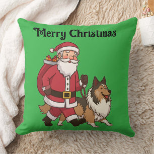 Santa walking a Collie Christmas Throw Pillow