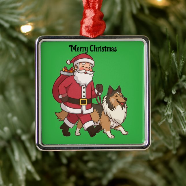 Santa walking a Collie dog Christmas Ornament (Tree)